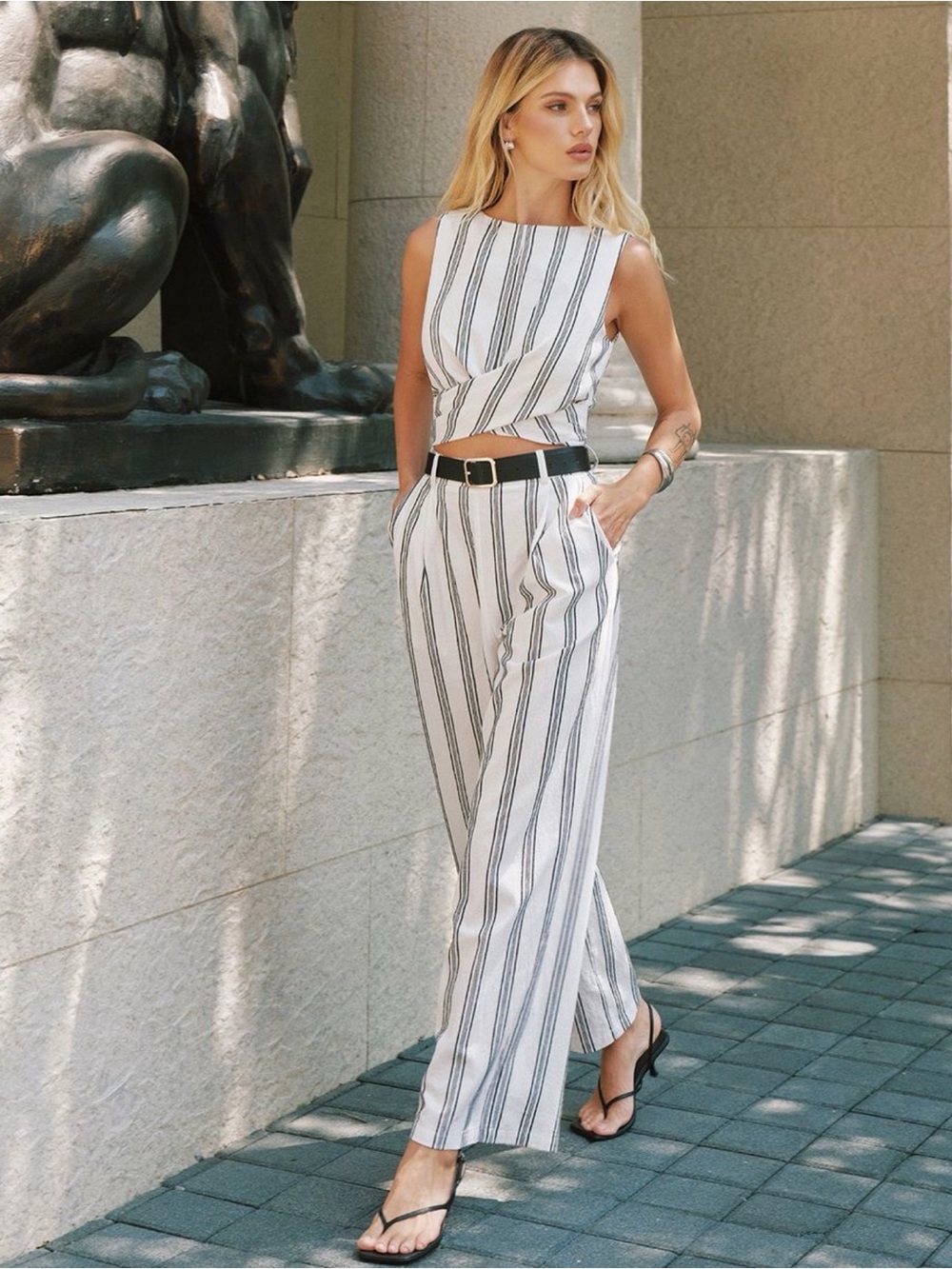 Commense White and Black Striped Wide-Leg Pants Set